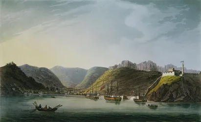 Ansicht der Westseite der Porto Ferraio Bucht, Elba, graviert von Francis Jukes (1747-1812), veröffentlicht von J. Daniell, April 1814